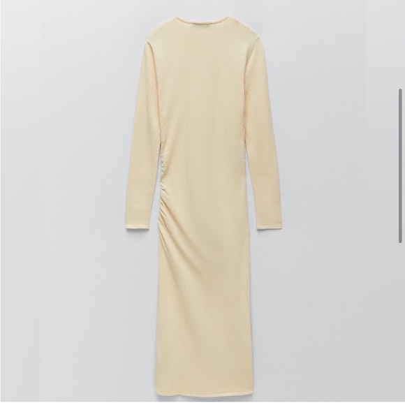 Zara Long-Sleeve Draped Knit Bodycon Midi Knee Length Dress, Cream, Size S - Picture 7 of 14